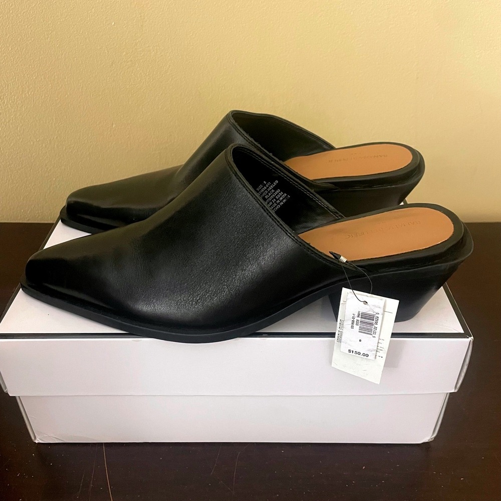 Banana Republic Women Black Leather Pointed Toe Heeled Mules Block Heel Shoes 8